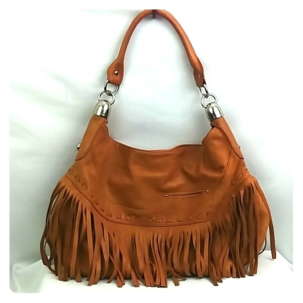 100% Leather Hobo B. Makowsky Camel Tan Bag Fringe